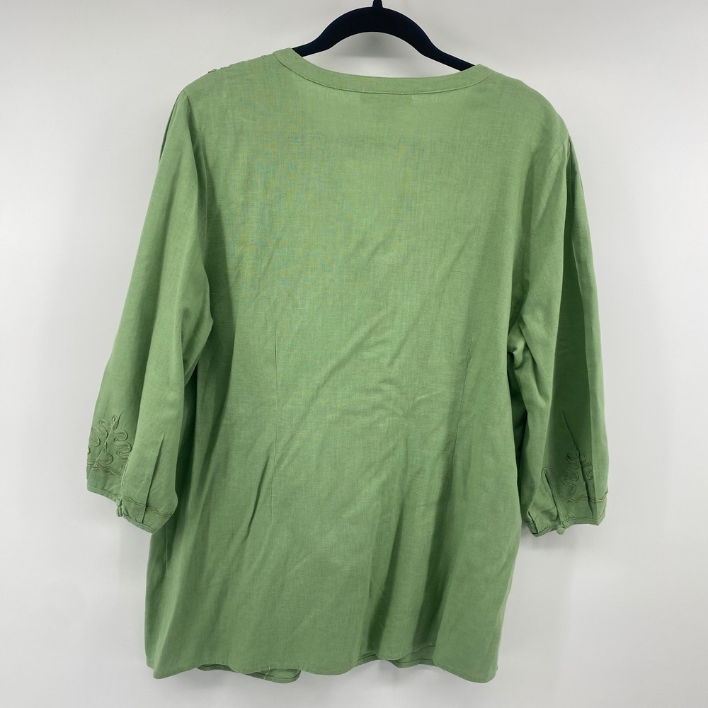 Susan Bristol Blouse Women 1X Green Linen Blend Embroidered Button Front Summer - Picture 2 of 8